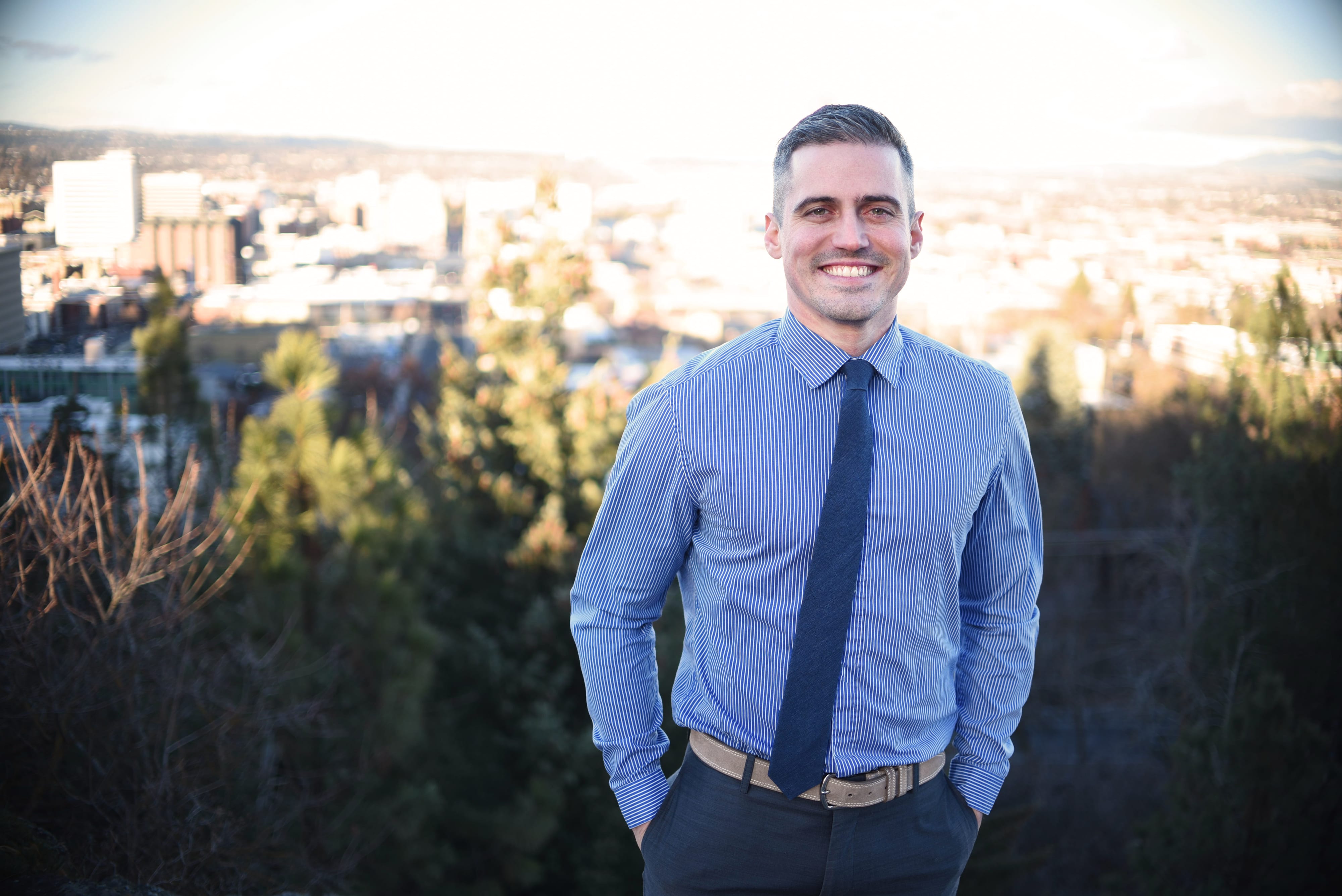 Jonathan Bingle overlooking Spokane cityscape